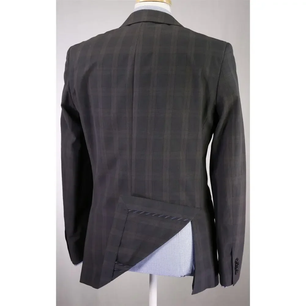 John Varvatos Gray Brown Plaid 2-Btn Cotton Linen Blazer Jacket 38R